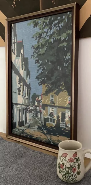 Vintage Framed Tapestry Cross Stitch Village Cobble Street Scene 36cm x 54cm 3