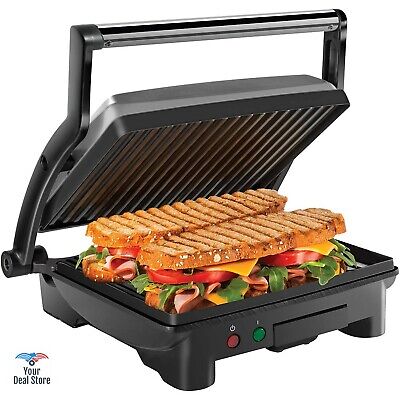 Sandwich Maker with Slide Out Grease Tray Electric Panini Press with Floating Hinge Bruschetta Indoor Grill for Pizza Nonstick Surface Adjustable Feet 1000W 180 Degree Lay Flat Feature 