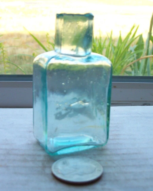 Nice Victorian Aqua  Ink Bottle With Attached Glass
