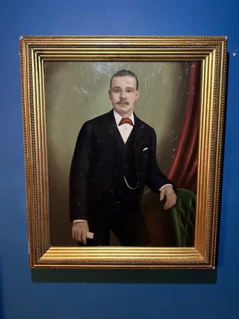 Antique Early 20th Century French Gentleman Portrait Oil Painting