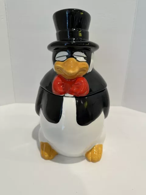 US Ceramics Penguin Cookie Jar 1985 Top Hat Tuxedo Red Bowtie. See Description.