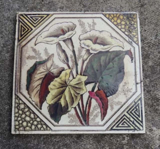 Antique Aesthetic Movement Ceramic Tile Depicting Canna Lilies