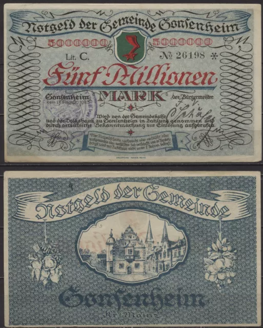 [18807] - NOTGELD GONSENHEIM, Gemeinde, 5 Mio Mark, 27.08.1923, Keller 1850, ung