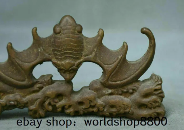 4.6" Old Chinese Red Bronze Folk Feng Shui Bat Birds auspicious Wealth Statue 3