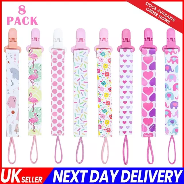 8 Dummy Clips Hearts Baby Boy Girl Soother Chain Holder Strap Pacifier BPA Free