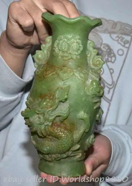 9.2" Old Chinese Green Jade Carved Fengshui Dragon Bottle Vase Statue