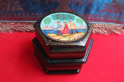 Vintage Russian Black Lacquer Wooden Double Deck Trinket Box Hand Painted Hinged