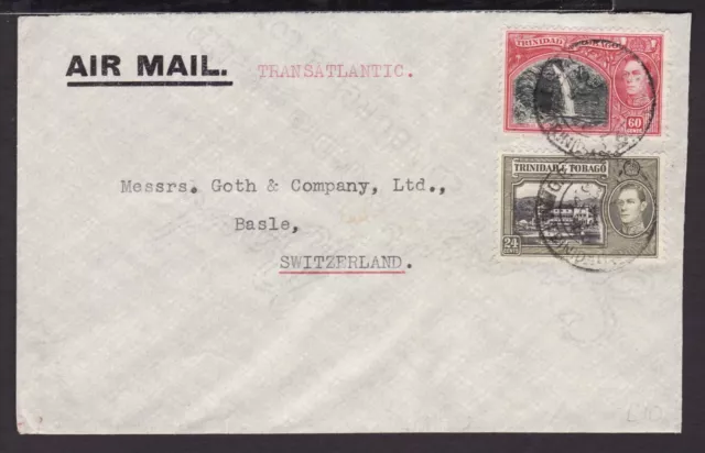 TRINIDAD TOBAGO 1950 TRANSATLANTIC KG6 AIRMAIL COVER 60c & 24c BASLE SWITZERLAND