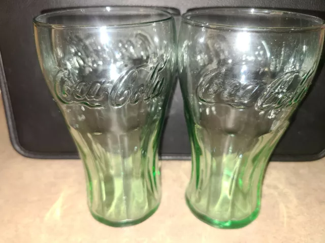 Vintage Coca-Cola Green Glass Contour Glasses Set Of 2 Made in USA Cups