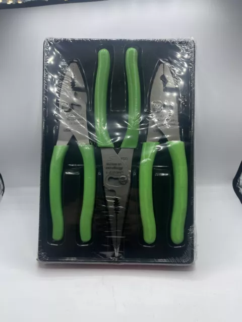 Snap-on Tools USA NEW STYLE GREEN 3 Piece Soft Grip Pliers Lot Set PL347ACFG