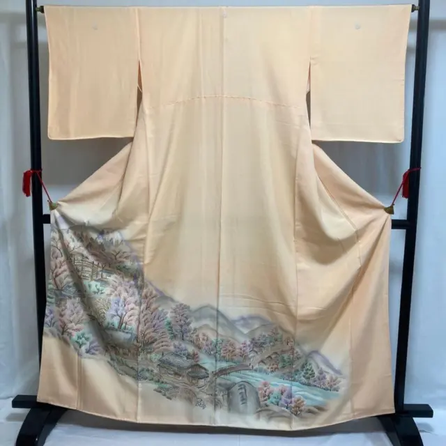 8802# Japanese kimono Vintage Pure Silk Robe Traditional Hand Drawn Yuzen 164cm