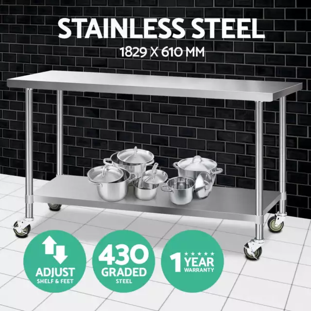 Cefito 430 Stainless Steel Kitchen Benches Work Bench Food Prep Table w/ Wheels