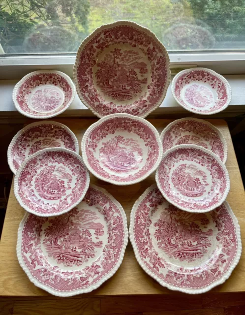 Lot 10 Pc Seaforth Pink Rope Scallop Enoch Wood Burslem Plate Bowl Red Transfer