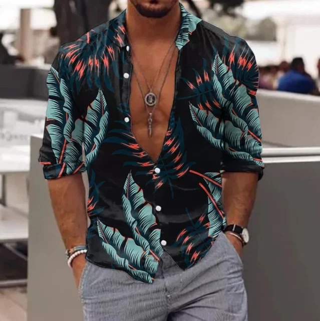 Shirt Hawaiian Men Floral Long Sleeve  2023  XL