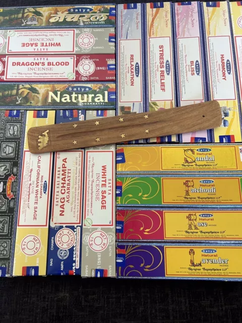 SATYA INCENSE STICKS - 15 gram - free wooden  holder/ash catcher  with 3 packs