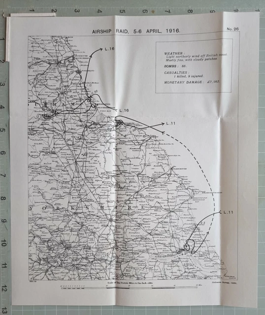 Zepplin Map WW1 MAPPA ZEPPELIN Dirigibile Raid 5/6 Apr 1916 Saltburn Bishop Aukland ...