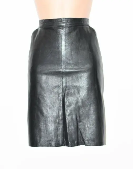 Women's Real Leather Straight Pencil Knee Length Black Skirt Size UK10 W28"