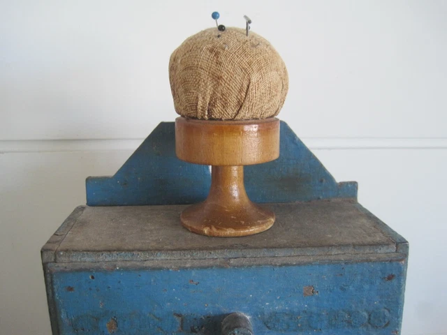 19th Century Hand Made Primitive Cloth  Pincushion Wood Base New England Find