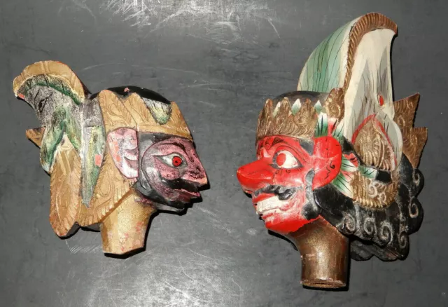 Set of 2 Antique CHINESE INDIA THAI HAND-CARVED WOOD PUPPET MARIONETTE HEADS