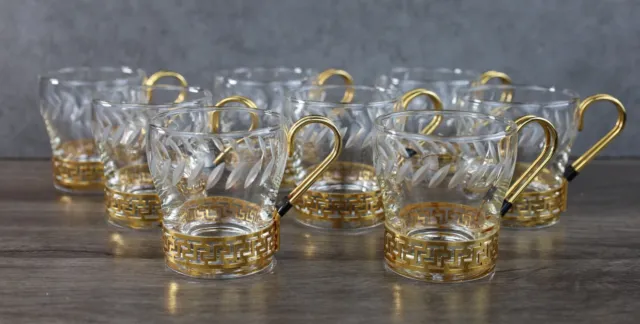 Set of 8 MCM Libby Greek continental cut etched glasses w/ gold filagree handles