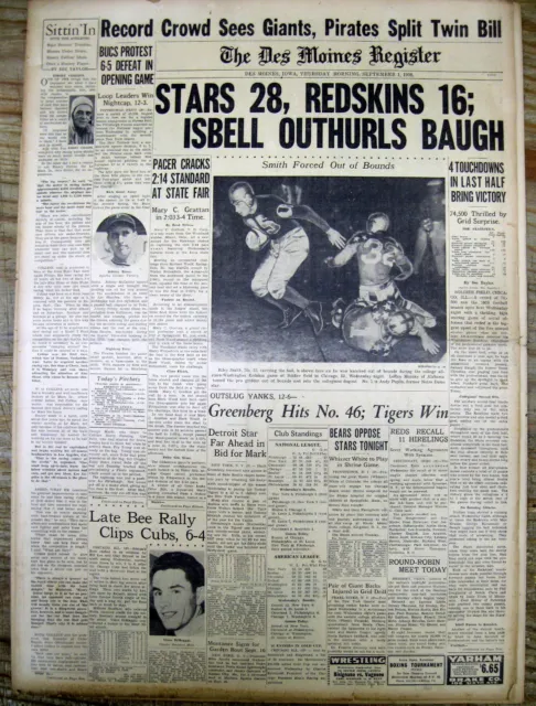 3 1938 headline newspapers WASHINGTON REDSKINS w SAMMY BAUGH play NFL Football