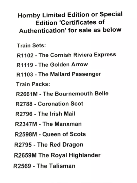 Hornby Certs R1102 R1103 R1119 R2298 R2347 R2569 R2659 R2661 R2788 R2795 R2796