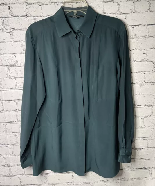 Lafayette 148 New York Womens Green Button-Down Top Silk Blouse Size Small