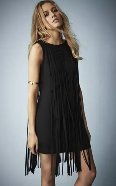 Kate Moss Topshop Sz 6 Black Rare Tasselled Sleeveless Mini Dress