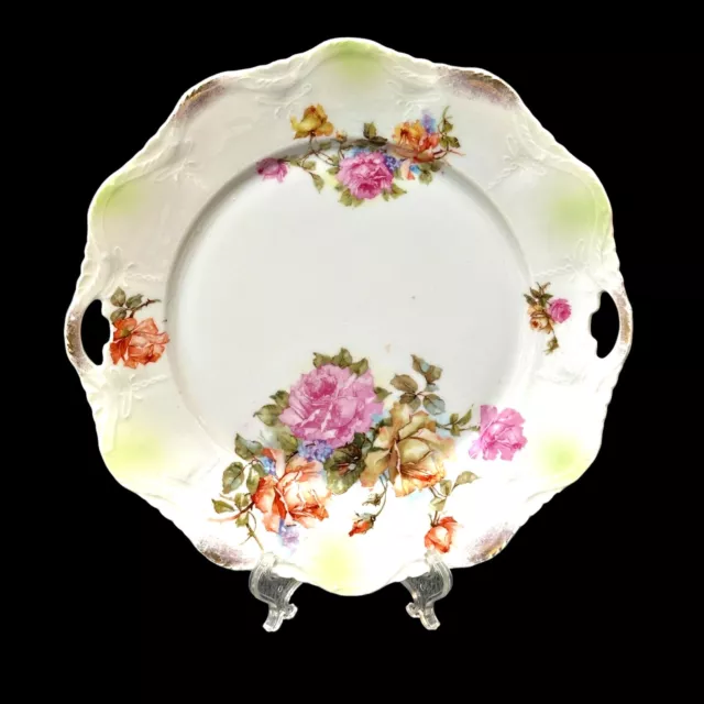 Vintage Shabby Chic Cottagecore Pink Roses Handled Porcelain Cake Serving Plate