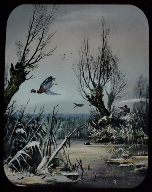 STUNNING Magic Lantern Slide WINTER DUCK SHOOT C1890 VICTORIAN HUNTING DRAWING