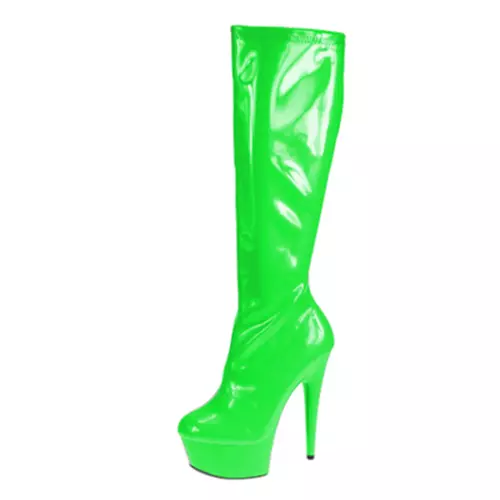 Women's Knee Boots Round Toe High Heel Platform Shoes Patent Leather Full Zipper