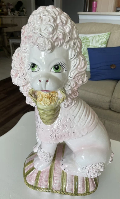 Italian Majolica Dog Pink Poodle 19" Art Pottery Statue Italy Ceramic Large VTG