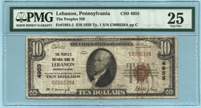 $10 National Currency 1929 T1 - Ch#4955 - People's NB, Lebanon, PA - PMG 25