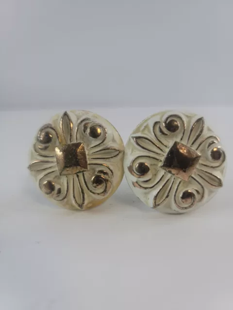 Vintage Amerock Brass Pulls Cream And Gold Scroll Floral 1 1/2" Knobs Set Of 2