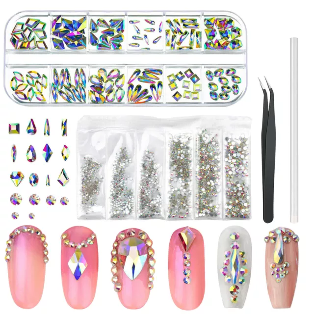 1850X Mixed Size Nail Art Strass Flatback Crystal 3D Stones Box Kit Cadeau