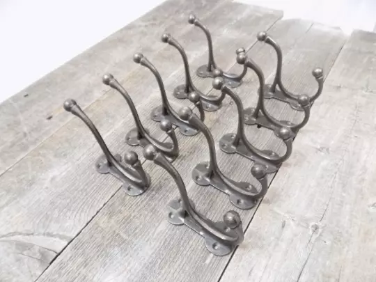 10 Iron Coat Hooks Hat Hall Tree Cast Iron 3 3/4" Wall Double Restoration