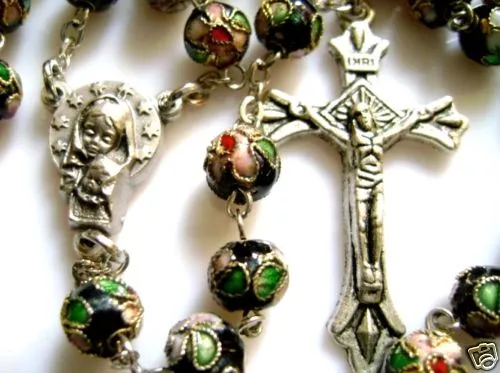 black CLOISONNE ROSE BEADS ROSARY NECKLACE TIBET SILVER CROSS CRUCIFIX CATHOLIC