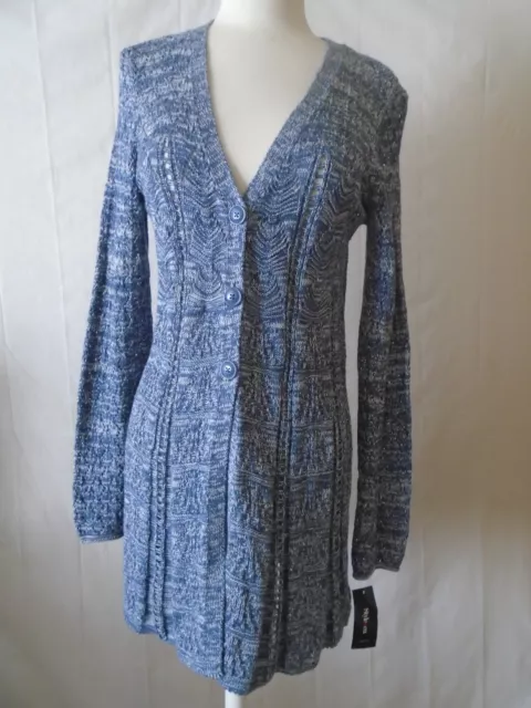 Style&co Women Blue Combo Long Sleeve Button Down Open Knit Cardigan Size Medium