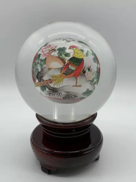 Vntg Chinese Reverse Hand Painted Crystal Ball  Rotating Stand Birds Signed