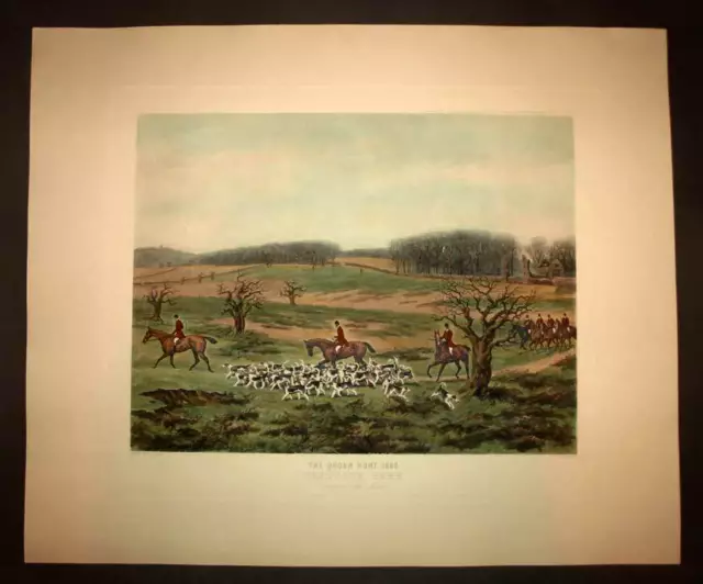 Lithographie estampe CHASSE DES LORDS ANGLAIS CHEVAUX MEUTE DE CHIENS POINTER