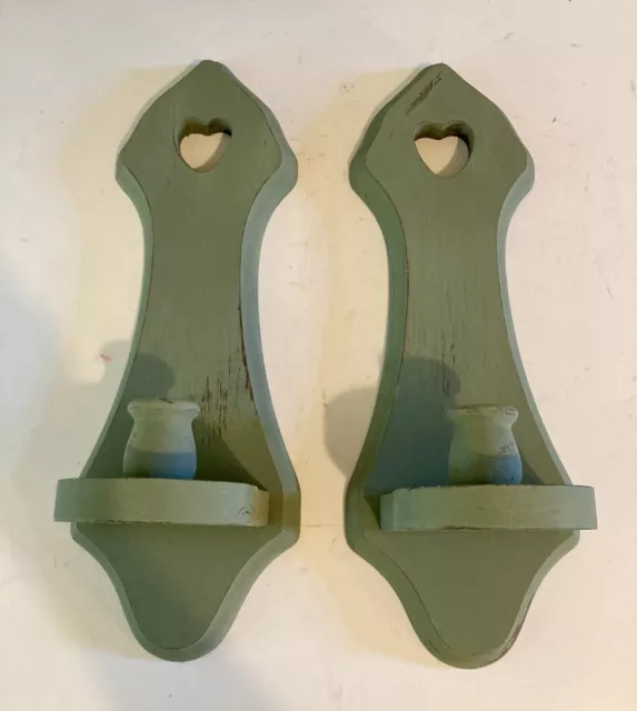 Vintage Pair Wood Wall Sconce Candle Holder Green Distressed HeartsFarmhouse 15”