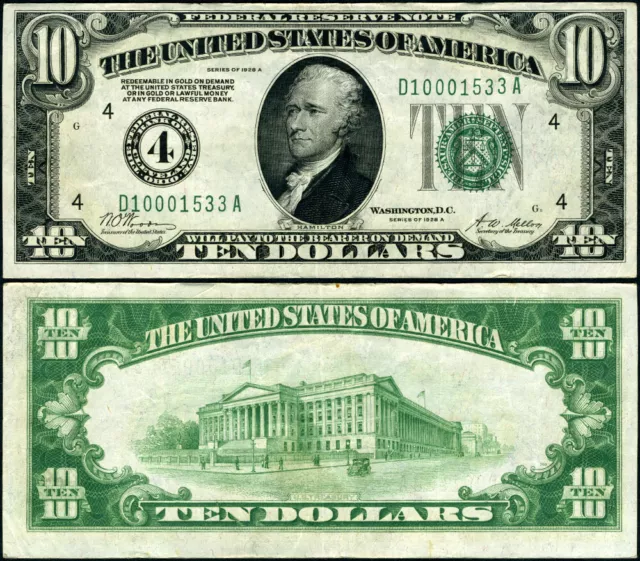 FR. 2001 D $10 1928-A Federal Reserve Note Cleveland D-A Block VF+