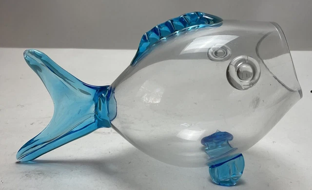 Blue Fish Bowl Sculpture Vintage Art Glass Gold Fishbowl Atrium Vase Handblown