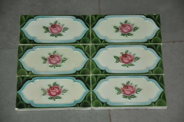 6 Pc Vintage Rose Flower Design Embossed Fine Ceramic Tiles,England
