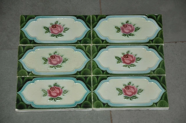 6 Pc Vintage Rose Flower Design Embossed Fine Ceramic Tiles,England