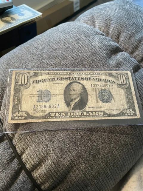 1934 Ten Dollar Blue Seal Note Silver Certificate Old US Bill $10 Money Currency