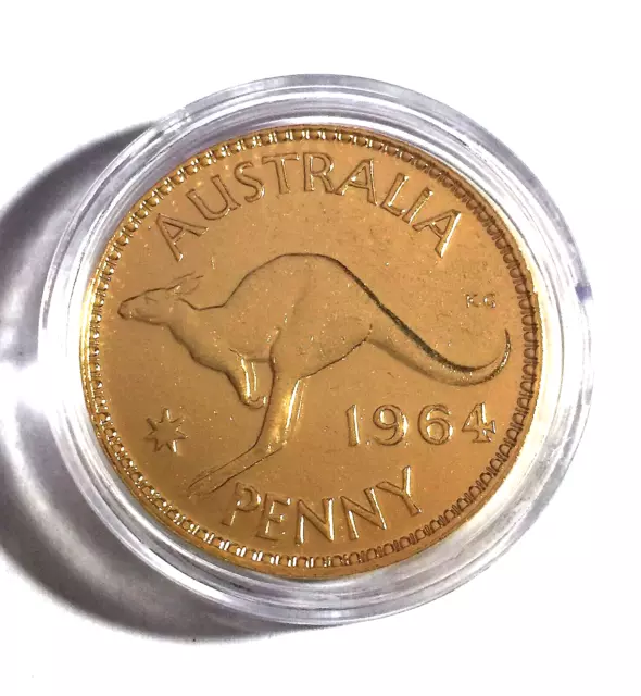 1964 Circulated Australian Penny Coin 999 24k Gold HGE in Acrylic Capsule. QE 11