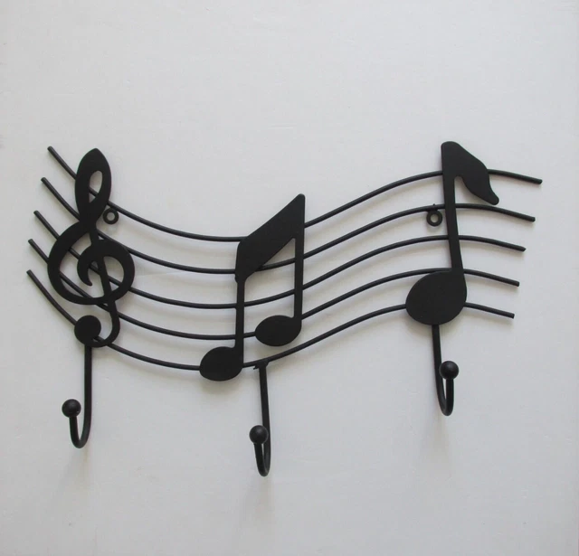 Black Metal Music Notes & Treble Clef on Staff Hooks Coat Rack Wall Hanging