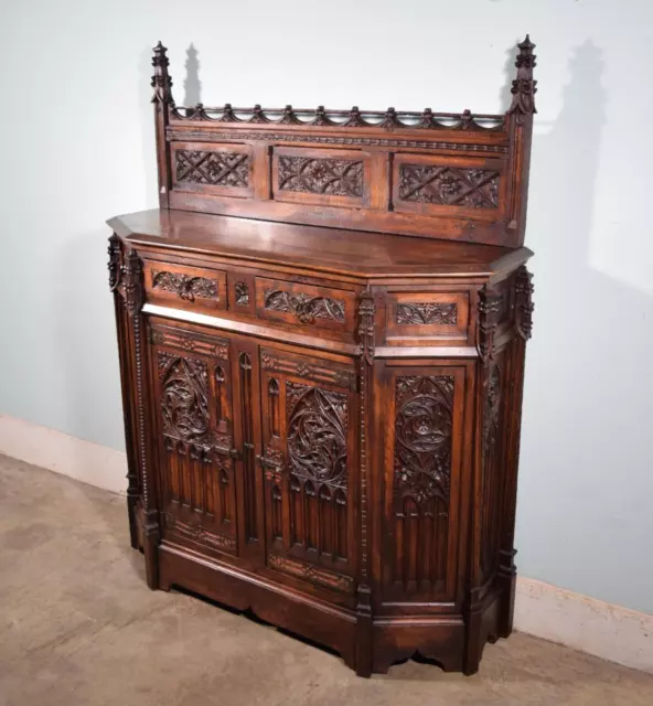 Antique French Gothic Revival Cabinet/Console in Highly Carved Oak/Pine Top
