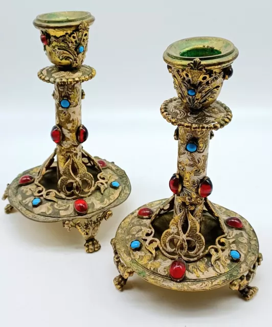 Vintage Antique Ornate Rhinestone Metal Candleholders Pair 5 1/2"